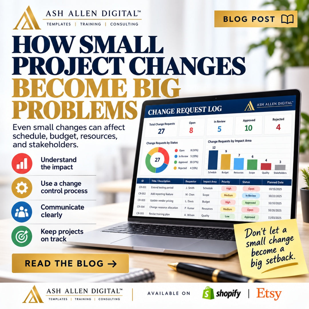 Ash Allen Digital project change control blog graphic with premium dashboard mockup