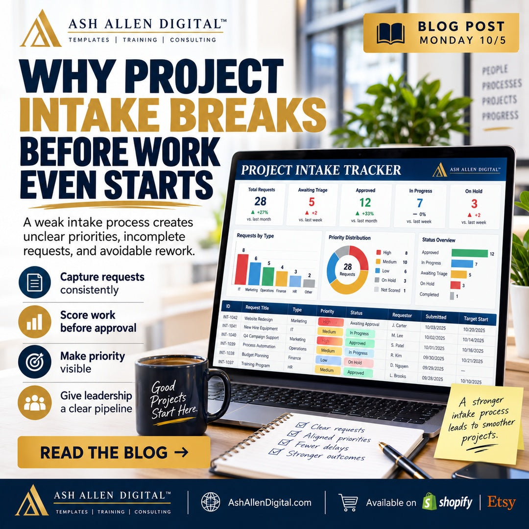 Ash Allen Digital project intake blog graphic with premium dashboard mockup