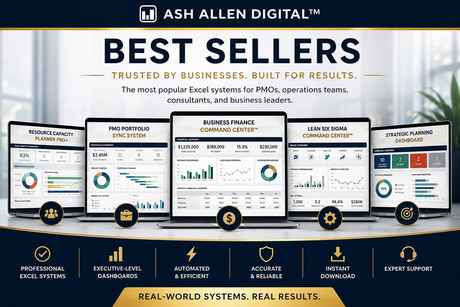 Best Sellers collection banner by Ash Allen Digital™ showcasing premium Excel dashboard systems for PMO, finance, KPI tracking, and business operations with professional executive-style reporting and automation tools.