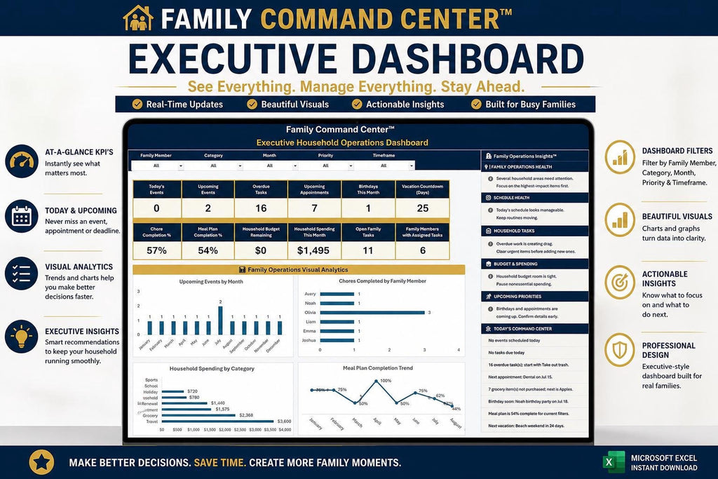 Family Command Center™ Excel Dashboard | Household Planner & Family Organizer