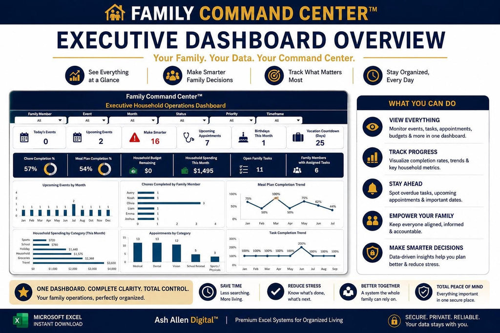 Family Command Center™ Excel Dashboard | Household Planner & Family Organizer