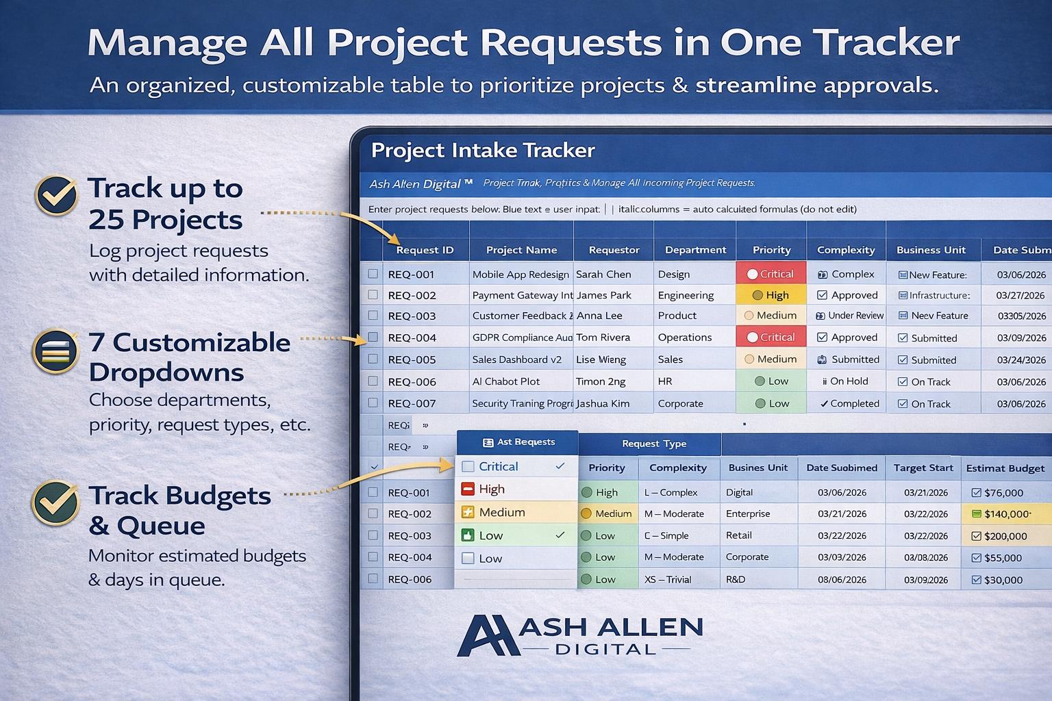 Project Intake Tracker Excel Dashboard