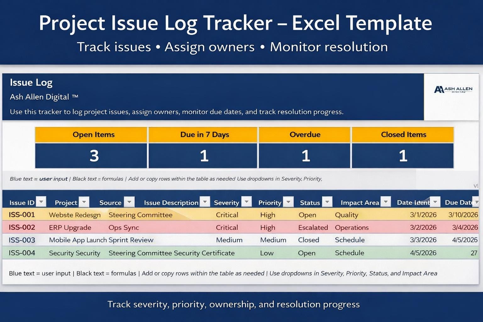 Project Issue Log Tracker