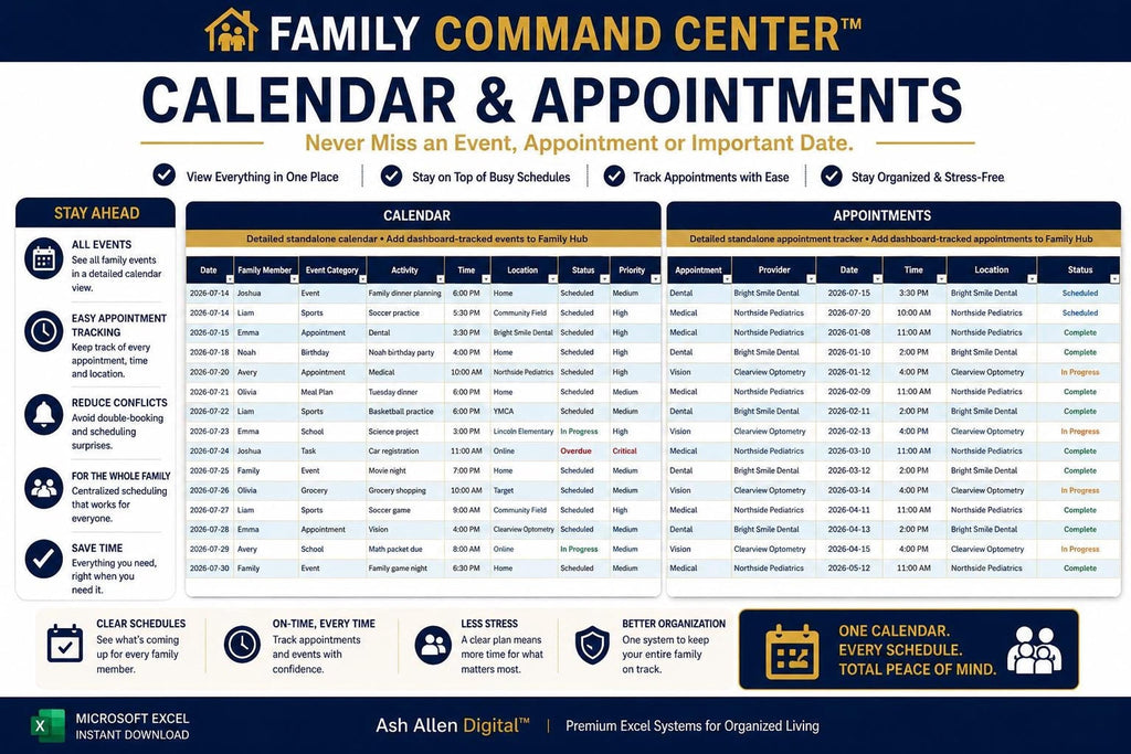Family Command Center™ Excel Dashboard | Household Planner & Family Organizer