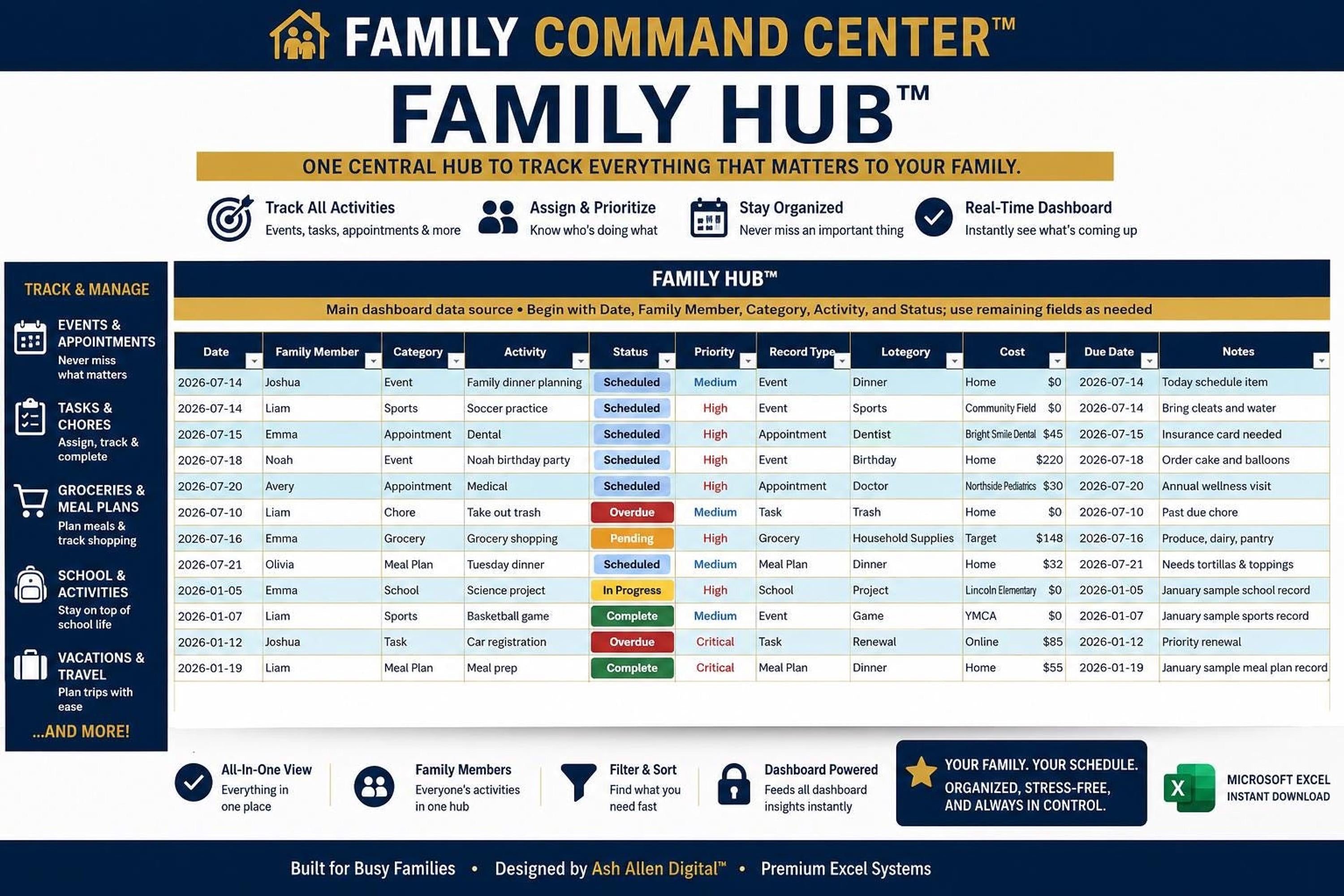 Family Command Center™ Excel Dashboard | Household Planner & Family Organizer